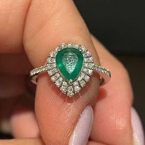 Pear shaped emerald with diamonds ring, size down to 6.75